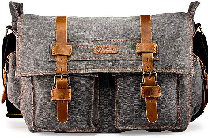 GEARONIC Mens Canvas Leather Messenger Bag for 14&quot; 15&quot; 17&quot; Laptop Vintage Shoulder Crossbody